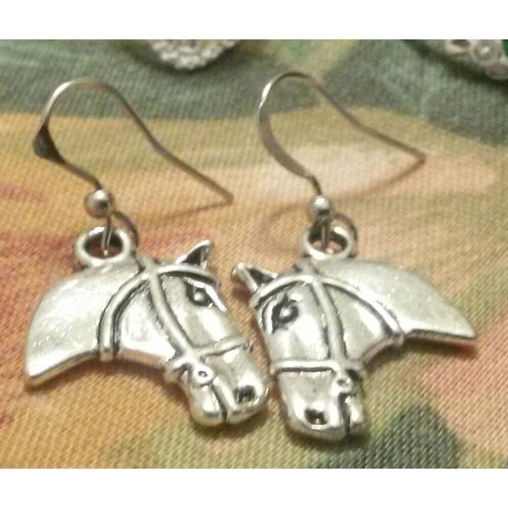 Horse Head Earrings Silver Tone Equine Equestrian New Two Sided Cowboy Cowgirl